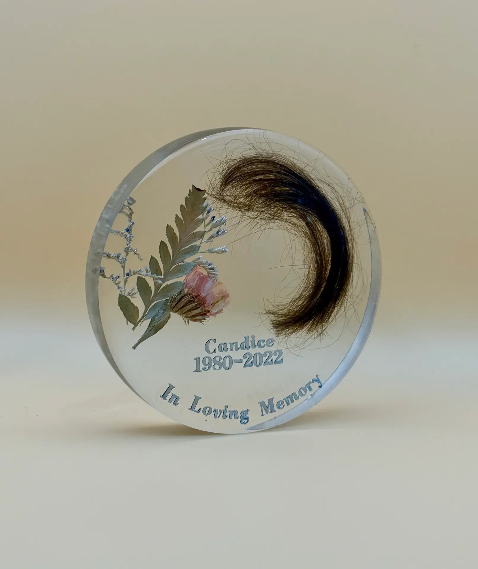 preserved hair in resin keepsake